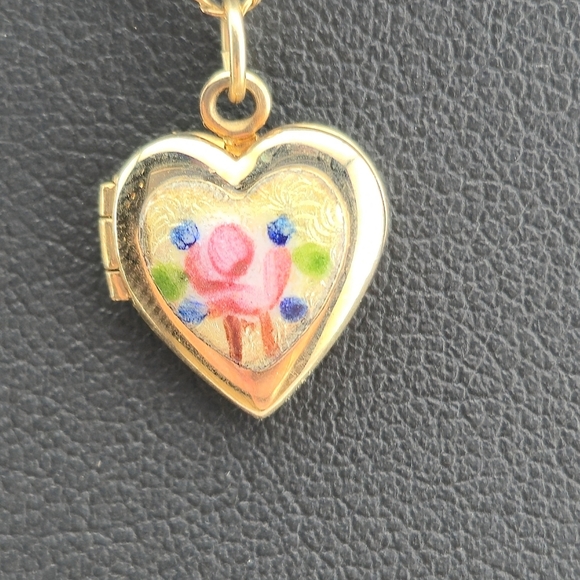 Vintage 12K Gold-Filled Heart Locket Necklace 13" Chain Floral Enamel Pendant - Picture 10 of 12